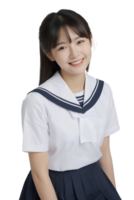 ai gerado uma lindo sorridente ásia menina com japonês escola marinheiro uniforme em transparente fundo png