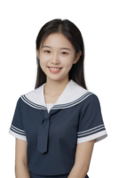 ai genererad en skön leende asiatisk flicka med japansk skola sjöman enhetlig på transparent bakgrund png