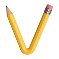 Realistic 3d rendering of Alphabet letter V, pencil shape in yellow color, high quality image for graphics element png