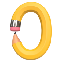 realistisch 3d renderen van alfabet aantal 0, potlood vorm in geel kleur, hoog kwaliteit beeld voor grafiek element png