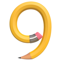 Realistic 3d rendering of Alphabet Number 9, pencil shape in yellow color, high quality image for graphics element png