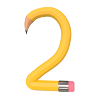 Realistic 3d rendering of Alphabet Number 2, pencil shape in yellow color, high quality image for graphics element png