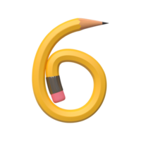 realistisch 3d renderen van alfabet aantal 6, potlood vorm in geel kleur, hoog kwaliteit beeld voor grafiek element png
