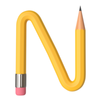 Realistic 3d rendering of Alphabet letter N, pencil shape in yellow color, high quality image for graphics element png