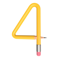 Realistic 3d rendering of Alphabet Number 4, pencil shape in yellow color, high quality image for graphics element png