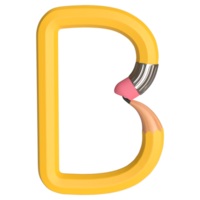 Realistic 3d rendering of Alphabet letter B, pencil shape in yellow color, high quality image for graphics element png