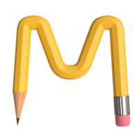 Realistic 3d rendering of Alphabet letter M, pencil shape in yellow color, high quality image for graphics element png