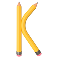 Realistic 3d rendering of Alphabet letter K, pencil shape in yellow color, high quality image for graphics element png