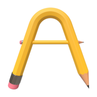 Realistic 3d rendering of Alphabet letter A, pencil shape in yellow color, high quality image for graphics element png