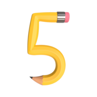 Realistic 3d rendering of Alphabet Number 5, pencil shape in yellow color, high quality image for graphics element png