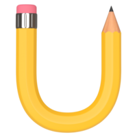 Realistic 3d rendering of Alphabet letter U, pencil shape in yellow color, high quality image for graphics element png