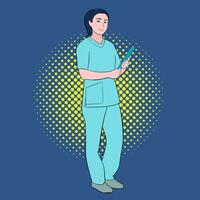 Hand drawn vector flat female nurse, wearing uniform in blue background.