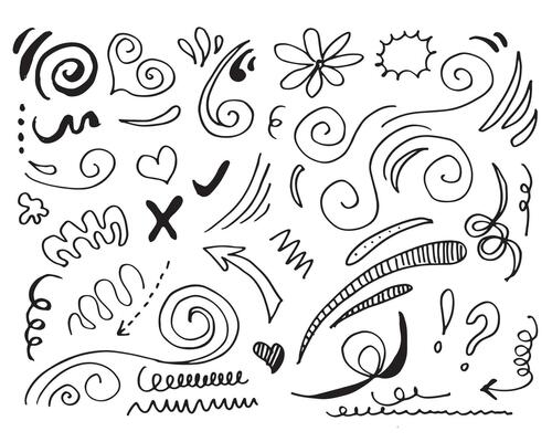 leaves, hearts, abstract, ribbons, arrows and other elements in hand drawn styles for concept designs. Doodle illustration. Vector template for decoration