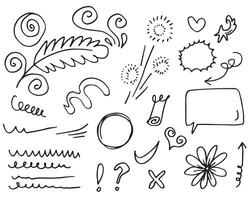 leaves, hearts, abstract, ribbons, arrows and other elements in hand drawn styles for concept designs. Doodle illustration. Vector template for decoration