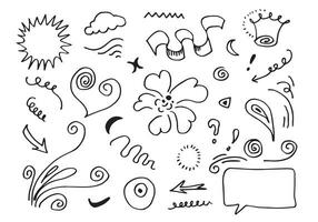 leaves, hearts, abstract, ribbons, arrows and other elements in hand drawn styles for concept designs. Doodle illustration. Vector template for decoration