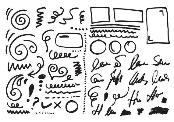 Set of hand drawn abstract vector symbols. Hearts, circles, frames, and doodle markers. Ink, pencil, brush strokes. signature.