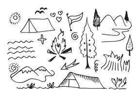 Hand drawn camping and hiking elements, isolated on white background.Camping Doodle Icons Sketch Hand Made. vector