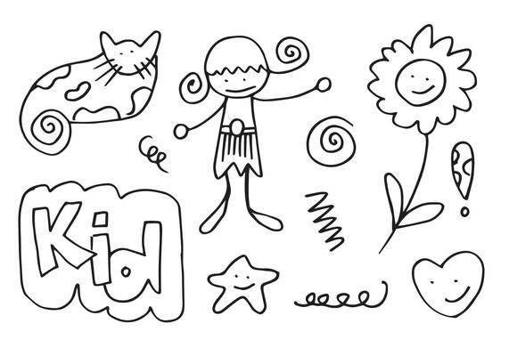 hand-drawn kids doodle set on white background.