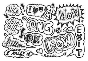 Hand drawn set of speech bubbles with handwritten short phrases  wow,OMG,hi,hello,nice,ok,lol,pow,exit on white background. vector