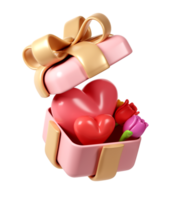 3d Tulip Flower Bouquet with hearts in pink gift box in Cartoon Style for Decoration. Love Valentine romantic design, Mother day, Women day, transparent illustration png