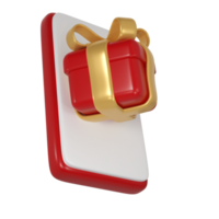 3d red gift boxes icon with golden ribbon bow and mockup phone. Render modern holiday. Realistic icon for present shopping banner or poster png