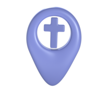 Christian 3d blue cross geotag gps icon. Element for church place, religious building address. Object on transparent png