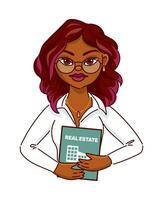 Realtor girl. A successful black businesswoman with glasses is holding a folder with photographs of buildings in her hands. Vector illustration in cartoon style. For website, flyer, banner, design