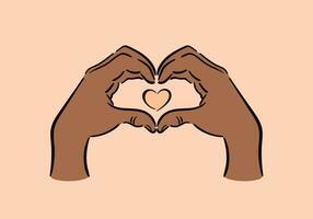 Black mans hands form a heart. Happy Valentines Day. gesture depicting love. Vector illustration in a sketchy minimalistic style. For posters, postcards, website, banners, design elements. Peach Fuzz.