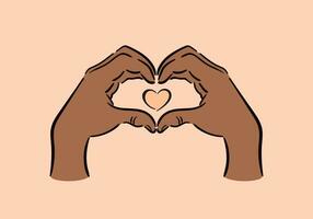 Black mans hands form a heart. Happy Valentines Day. gesture depicting love. Vector illustration in a sketchy minimalistic style. For posters, postcards, website, banners, design elements. Peach Fuzz.