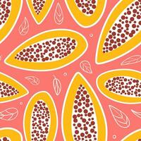 Papaya summer seamless pattern in minimalistic style. Tropical exotic fruits, leaves. Healthy food. For menu, cafe, wallpaper, fabric, wrapping, background vector