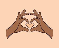 Black mans hands form a heart. Happy Valentines Day. gesture depicting love. Vector illustration in a sketchy minimalistic style. For posters, postcards, website, banners, design elements. Peach Fuzz.