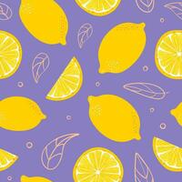 Lemon summer seamless pattern in minimalistic style. Tropical exotic fruits, leaves. Healthy food. For menu, cafe, wallpaper, fabric, wrapping, background. Peach Fuzz. vector