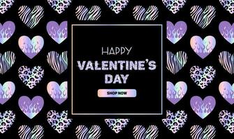 Horizontal luxury banner for Valentines Day. Metallic holographic Y2k sticker, Shining gradient heart on fire, animalistic pattern. Zebra, leopard, tiger. foil in 2000s style. Flame. 90s, 00s. vector
