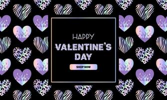 Horizontal luxury banner for Valentines Day. Metallic holographic Y2k sticker, Shining gradient heart on fire, animalistic pattern. Zebra, leopard, tiger. foil in 2000s style. Flame. 90s, 00s. vector