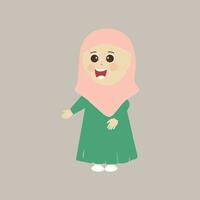 musulmán niño, pequeño niña Ramadán dibujos animados vector ilustración. linda hembra niño en tradicional ropa. contento y sonriente niños personaje en hiyab musulmán niña en diferente acción