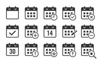 calendario icono colocar. conteniendo fecha, cronograma, mes, semana, cita, agenda, organización, y evento iconos vector