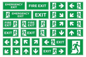 Exit sign set. Emergency and fire exit icons. Man running out arrow, green background. vector