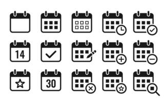 calendario icono colocar. conteniendo fecha, cronograma, mes, semana, cita, agenda, organización, y evento iconos vector