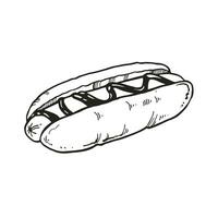 hand drawn vector illustration of fast food, ink sketch of hot dog in a bun and with mustard or sauce, black and white illustration of sausage with sauce isolated on white background