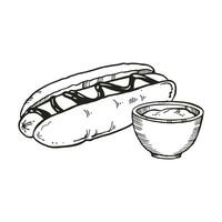 hand drawn vector illustration of fast food, ink sketch of hot dog in a bun and with mustard or sauce, black and white illustration of sausage with sauce isolated on white background