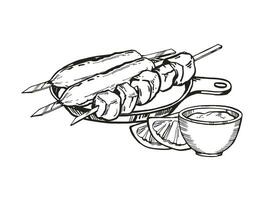 Vector hand drawn grilled kebab, ink food illustration with skewers with different meat barbecue kebab and sauce, black and white sketch of barbeque theme isolated on white background