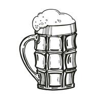 sketch of glass of beer, hand drawn vector illustration of drink with a lot of foam, beer mug, doodle graphic, black and white color, monochrome