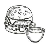 vector illustration of burger with meat, onion, tomatoes, cheese and sauce, hand drawn sketch of fast food, isolated on white background, black and white ink illustration