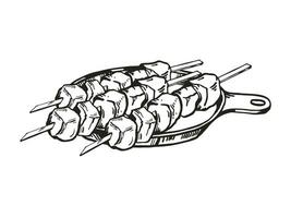 Vector hand drawn grilled kebab, ink food illustration with three skewers with meat barbecue kebab, black and white sketch of barbeque theme isolated on white background