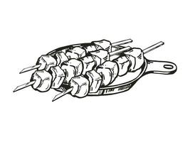 Vector hand drawn grilled kebab, ink food illustration with three skewers with meat barbecue kebab, black and white sketch of barbeque theme isolated on white background