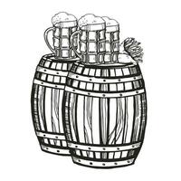 Hand drawn vector sketch of wooden barrel for wine, beer, whiskey and beer glasses, French fries, black and white illustration of textured wood oak keg, inked illustration isolated on white background