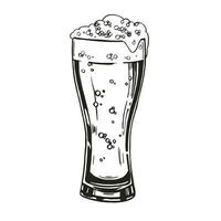 sketch of glass of beer, hand drawn vector illustration of drink with a lot of foam, beer mug, doodle graphic, black and white color, monochrome