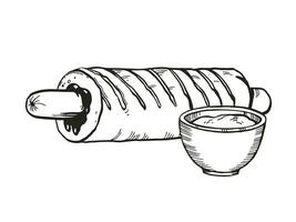 mano dibujado vector ilustración de rápido alimento, tinta bosquejo de caliente perro en un bollo y con mostaza o salsa, negro y blanco ilustración de salchicha con salsa aislado en blanco antecedentes