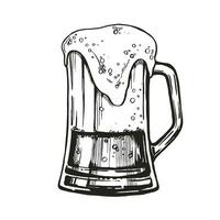 sketch of glass of beer, hand drawn vector illustration of drink with a lot of foam, beer mug, doodle graphic, black and white color, monochrome