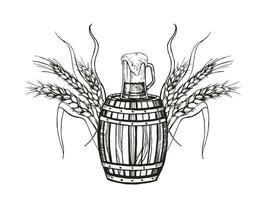 Hand drawn vector sketch of wooden barrel for wine, beer, whiskey, beer glass and ears of wheat, black and white illustration of keg, beer glass and wheat plant, inked illustration isolated